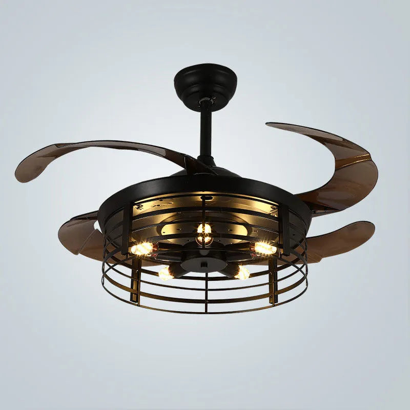 Industrial-style ceiling fan light with acrylic blades and shade, mounted flush to a white ceiling, with a remote control.