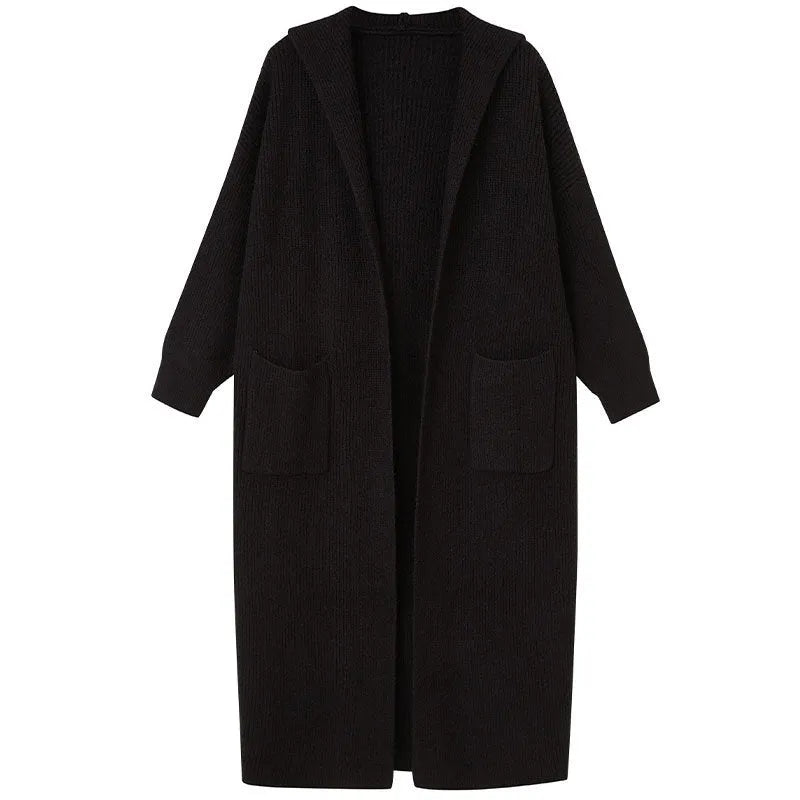Long grey hooded cardigan sweater with a trench coat style, made from a wool and cashmere blend.