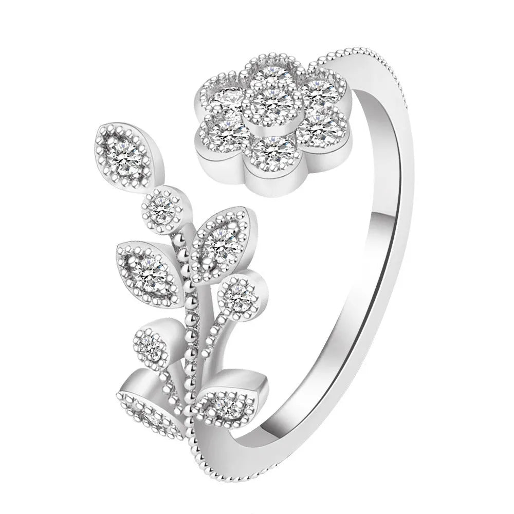 Women's copper open ring with floral leaf design in gold or white colour