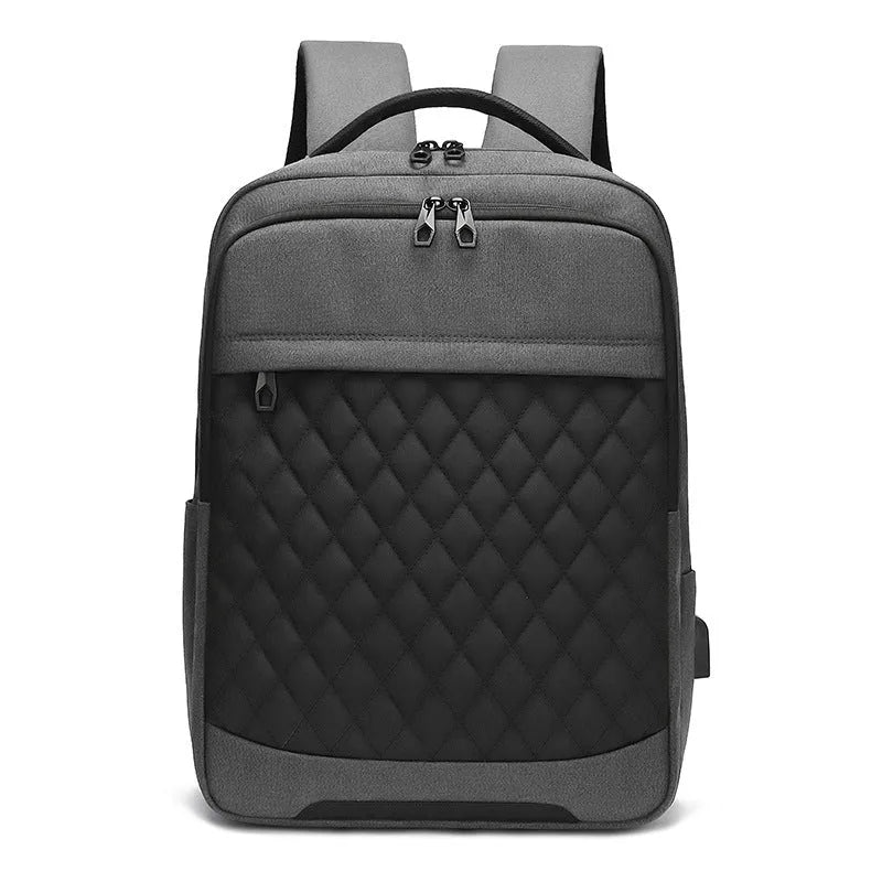 Men's solid colour Oxford cloth travel backpack with curved shoulder straps and diamond mesh detail