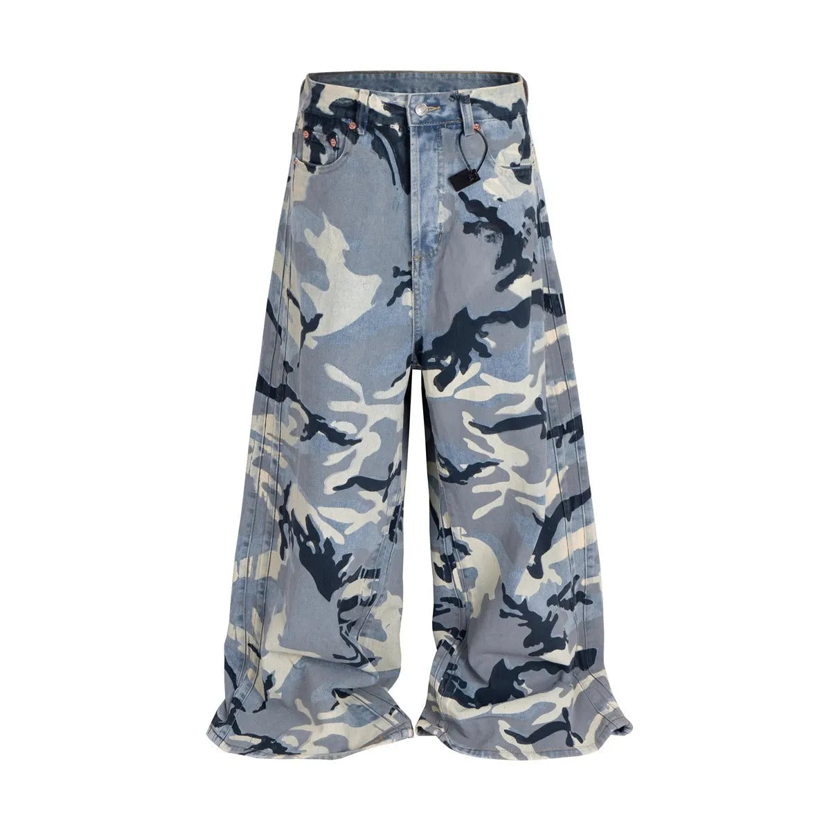 A pair of loose-fit blue jeans with a snow camouflage pattern on a mannequin.