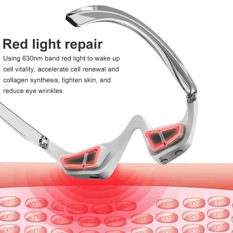 Pink and white micro-current eye massager with glasses-style design for wrinkle reduction and dark circle removal