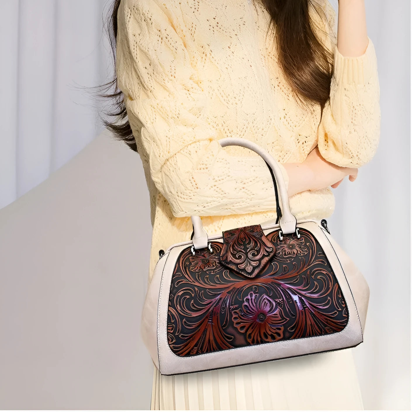 Handmade carved one-shoulder women's PU leather bag in beige with retro embossed pattern and pillow shape