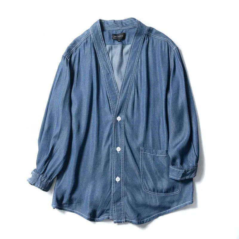 Men's dark blue three-quarter sleeve V-neck casual denim coat laid flat.