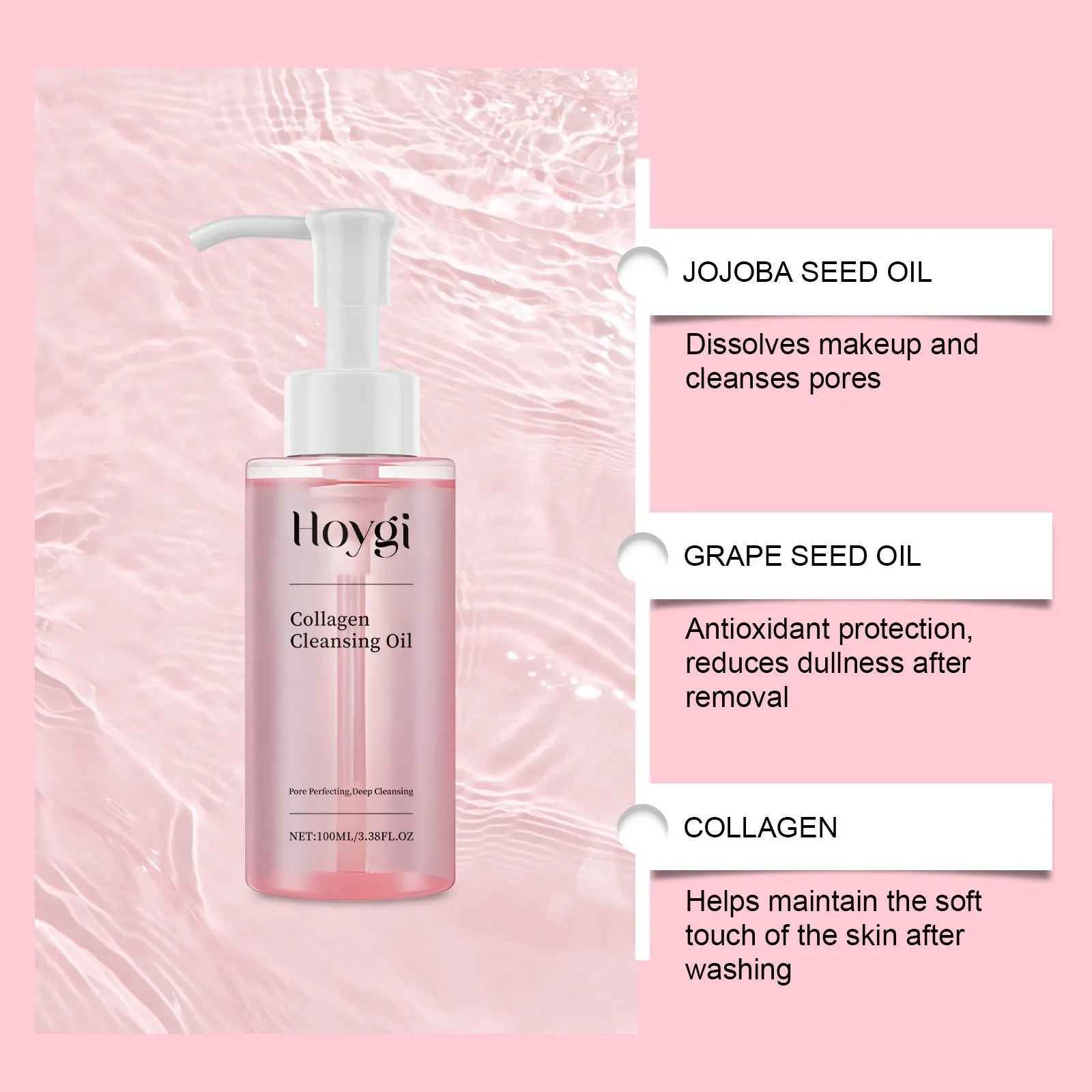 100 ml bottle of Collagen Cleansing Oil with jojoba and grape seed oils for gentle makeup removal.