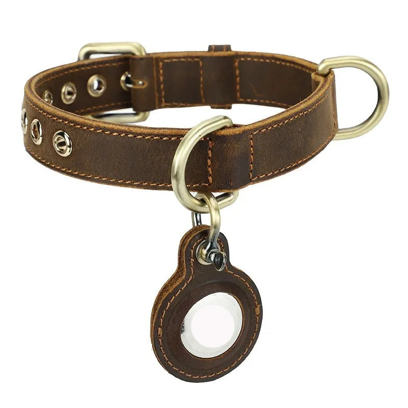 Brown retro-style genuine leather dog collar with handmade cowhide construction and halter positioning
