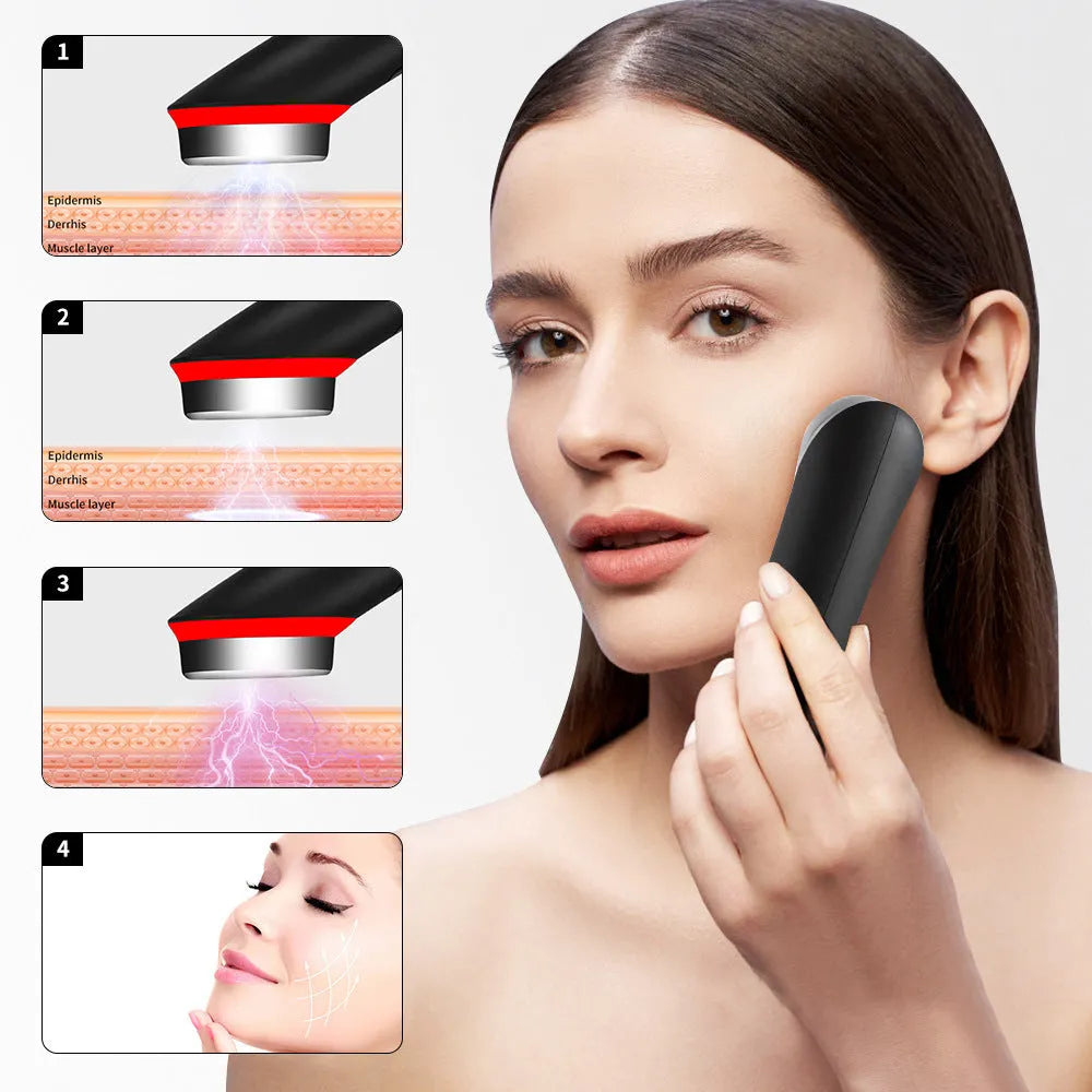 Black eye massager device for red and blue light therapy with vibration.