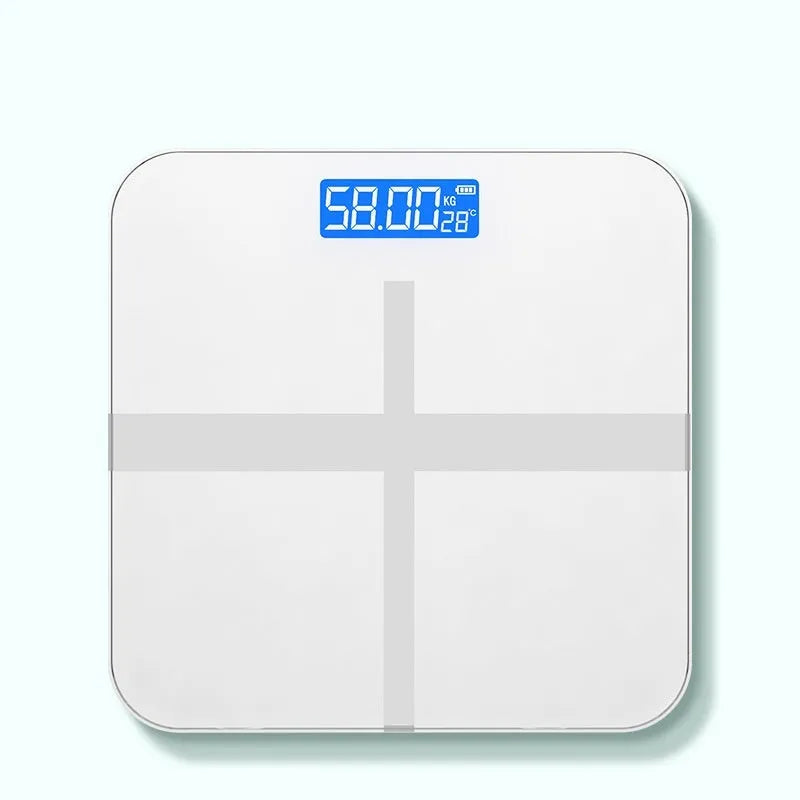Digital bathroom weight scale with USB rechargeable feature in black, rose red, and white colour options.