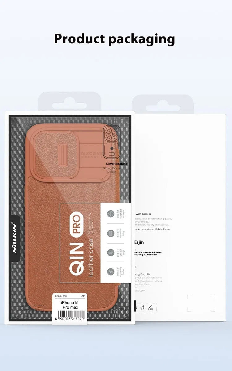 iPhone 15 imitation leather flip case shown in black, brown, and red colour options.