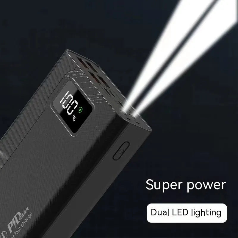 Large capacity power bank in black or white plastic casing showing front panel with charging ports