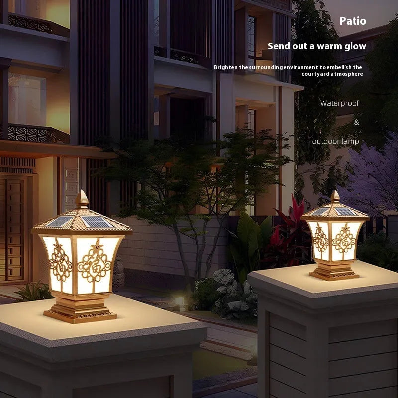 Black small size solar pillar lamp with flower shape, IP65 outdoor protection, 12W, 24V, and pointed flower overall size in mm.