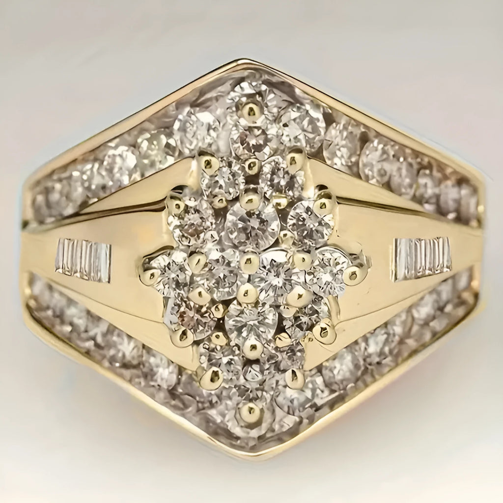 Geometric copper fashion ring with electroplated gold finish and sweet palace style elements