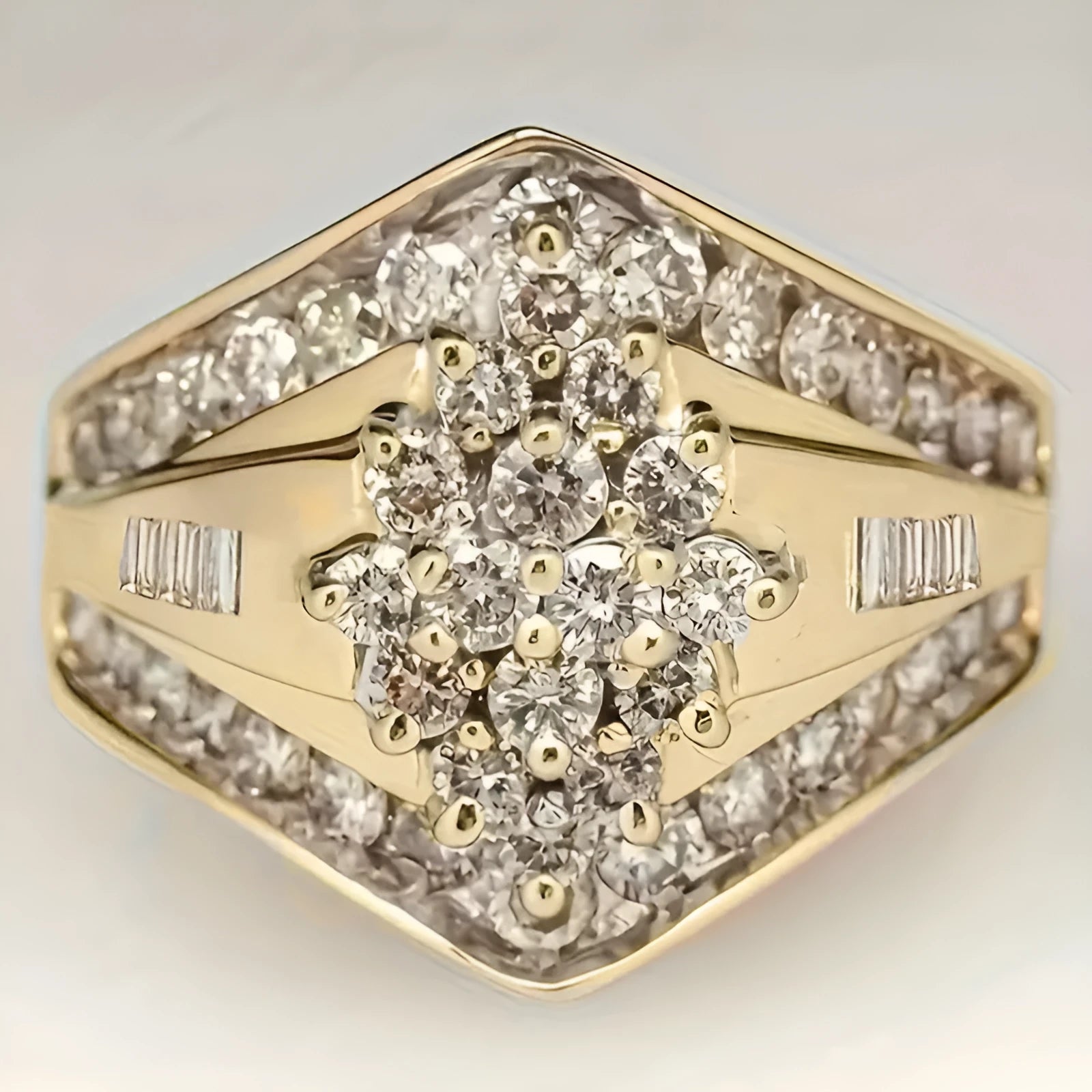 Geometric copper fashion ring with electroplated gold finish and sweet palace style elements