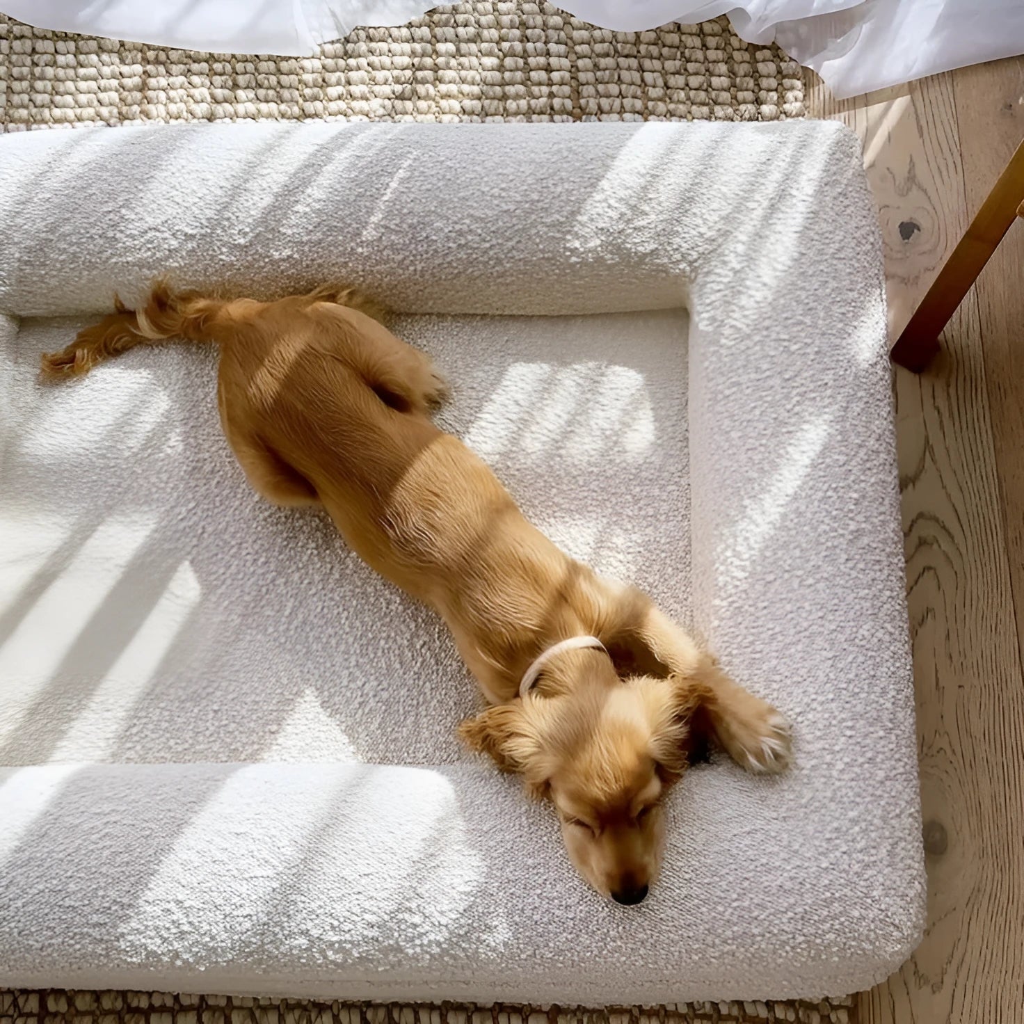 Beige rectangular cloth dog sofa bed for medium-sized dogs on a wooden floor.
