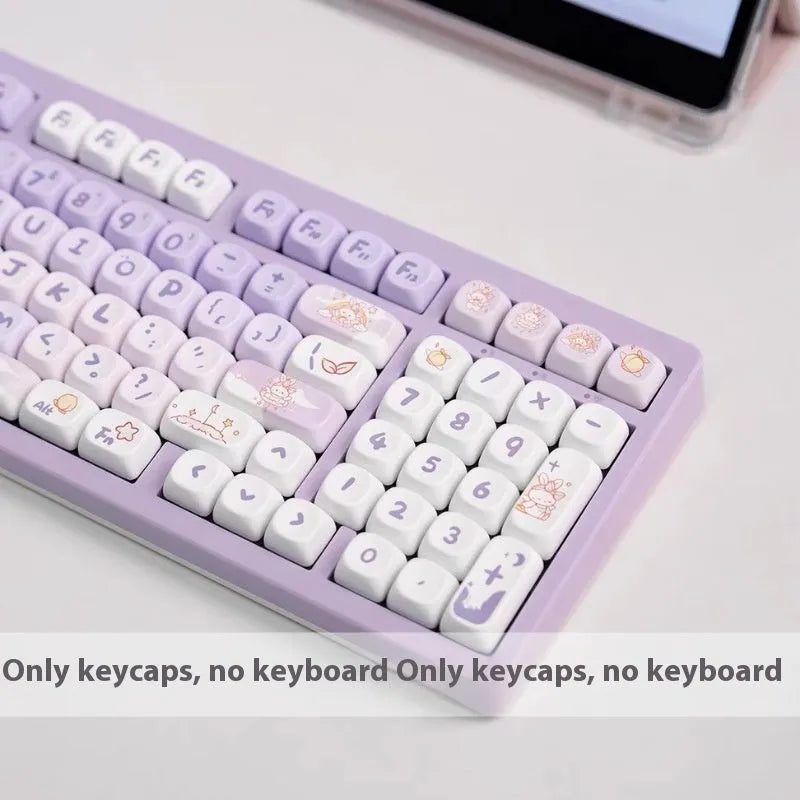 Gradient purple PBT keycaps with sublimation printed rabbit designs for mechanical keyboards