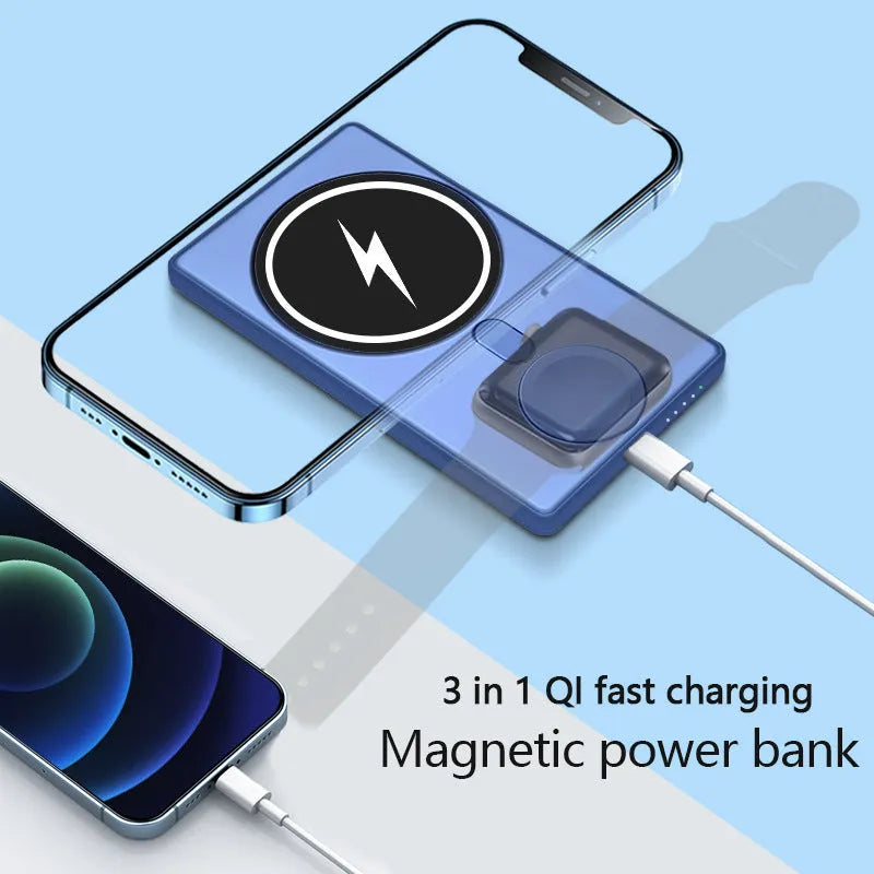 Black three-in-one magnetic wireless charging power bank showing USB port and charging surface.