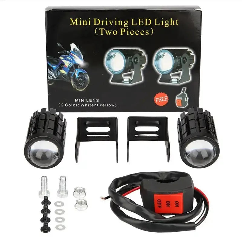 Motorcycle spotlight with dual colour lens in aluminium PC housing measuring 6x6x7cm