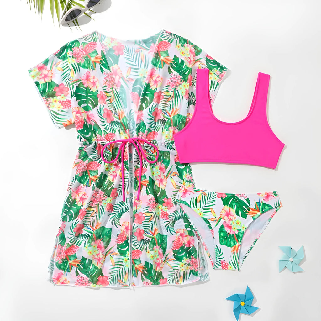 Girls' floral print two-piece swimsuit for swimming in sizes 130cm to 160cm.