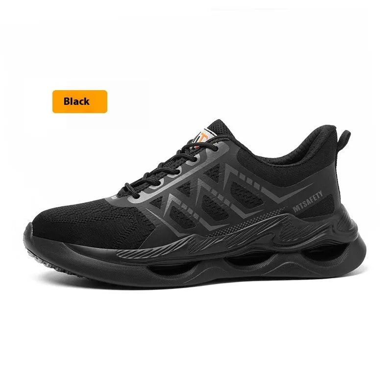 Black low-top steel toe cap safety work shoes with flat knitted uppers and lace-up front.
