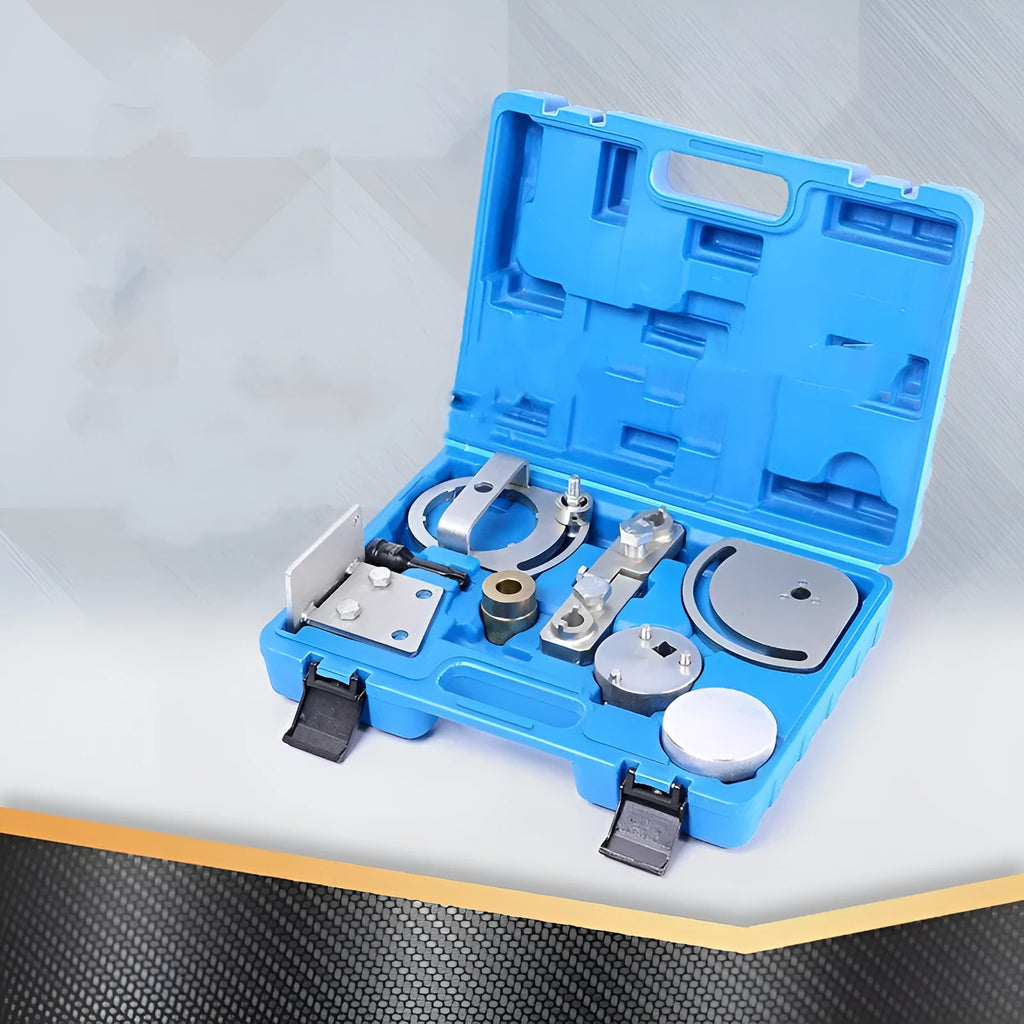 Eight carbon steel Volvo engine timing tools for cylinder head and camshaft alignment on a workshop bench.