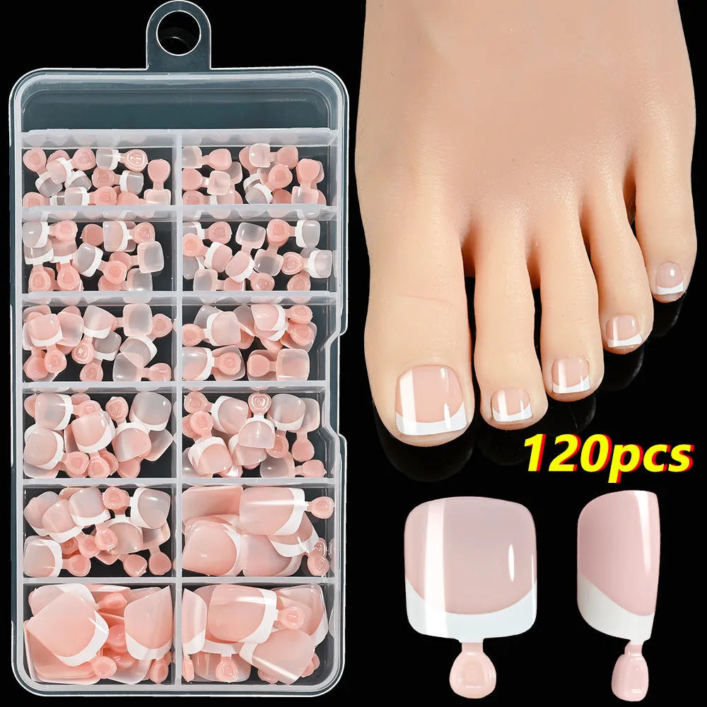 120 French white edge toenail pieces in nine nude shades, short square shape
