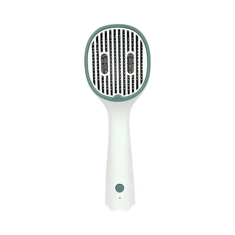 Dark green pet grooming comb with UVC sterilisation light, slicker brush, and needle comb on a grey background.