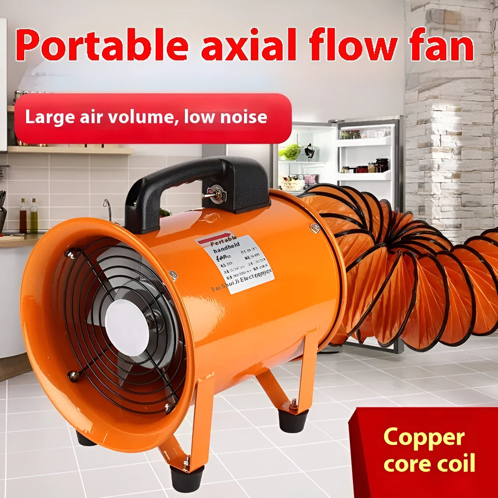 8 inch portable titanium steel axial flow fan with a 5 metre long air duct for industrial ventilation.