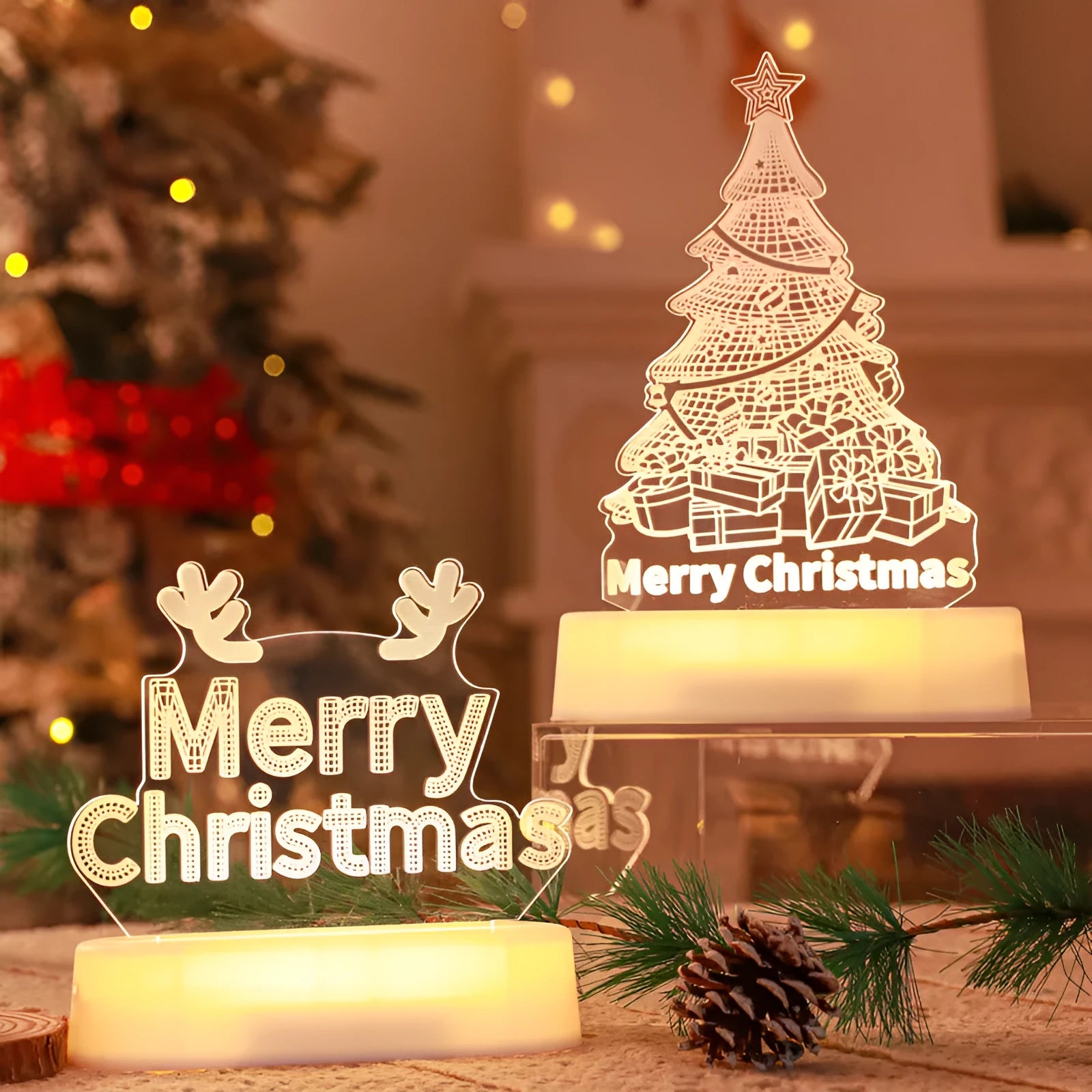 3D acrylic Christmas LED night light showing elf, tree, and reindeer designs in colour and wood grain finishes