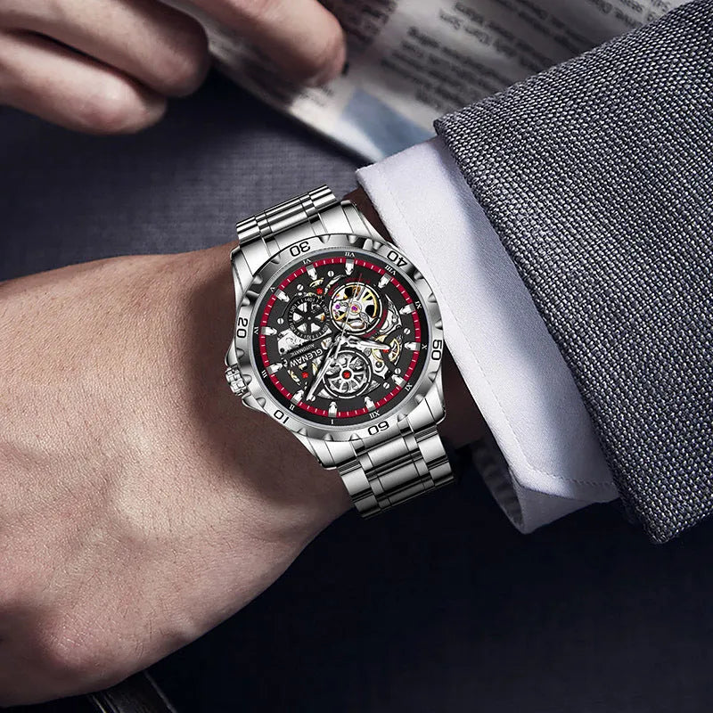 Men's silver automatic mechanical watch with hollow-out skeleton dial and luminous hands on coloured steel strap