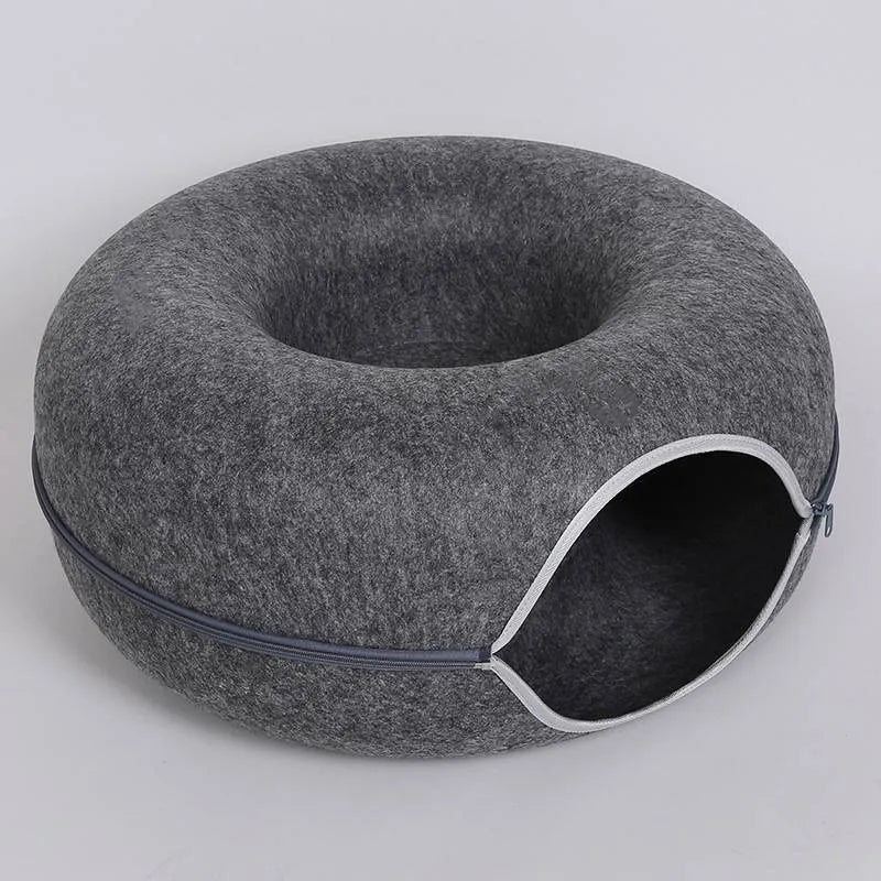 Natural felt donut cat tunnel bed in light grey with tunnel entrance 60x60x27cm