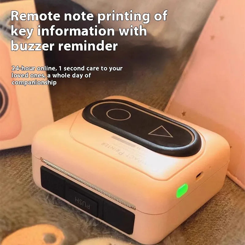 Portable Bluetooth mini printer with thermal paper in avocado green, pink, small yellow duck, and white options