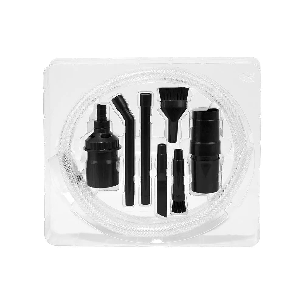Eight-piece vacuum cleaner accessory set with various nozzles and brushes for small space cleaning.