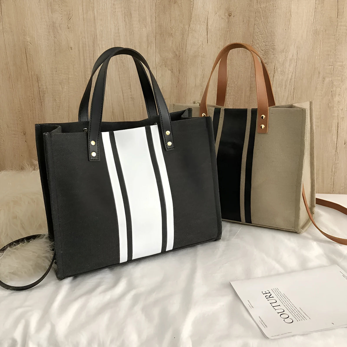 Canvas business commuting tote bag for women, horizontal square shape, black and white geometric stripe pattern