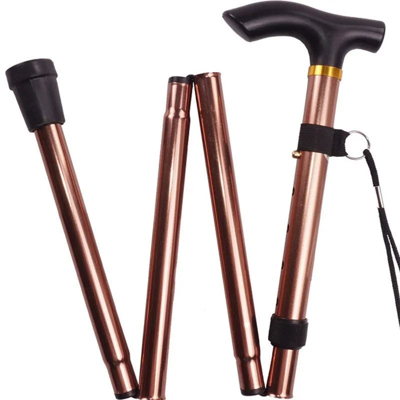 Aluminum alloy folding walking stick in black, shown extended and folded, with non-slip handle.