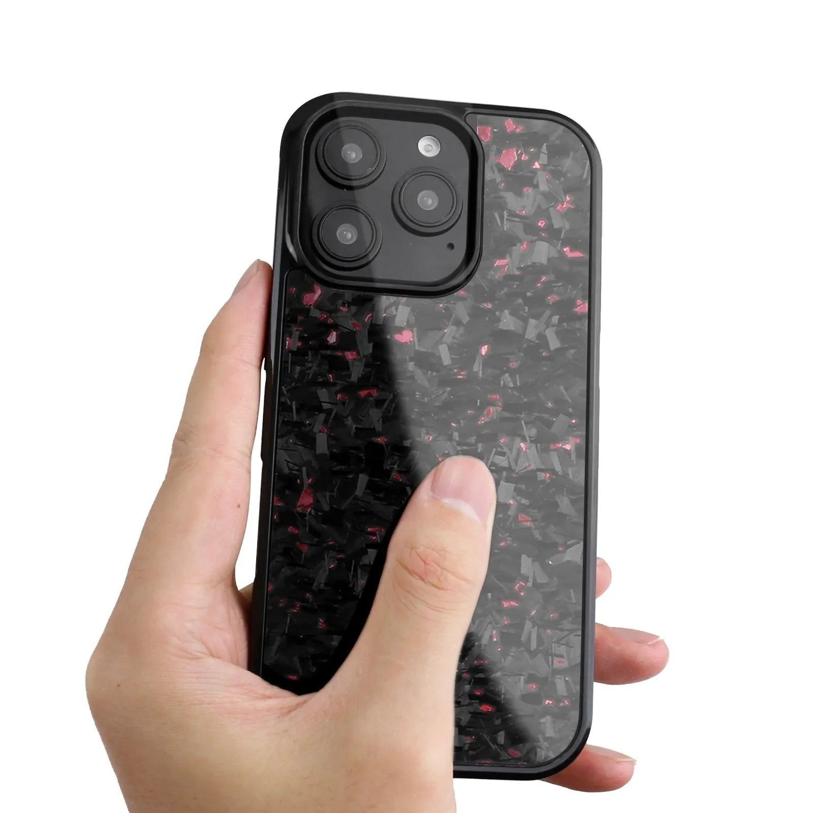 Carbon fiber magnetic forging twill phone case for iPhone 16 Pro Max, black, half-pack design showing textured surface