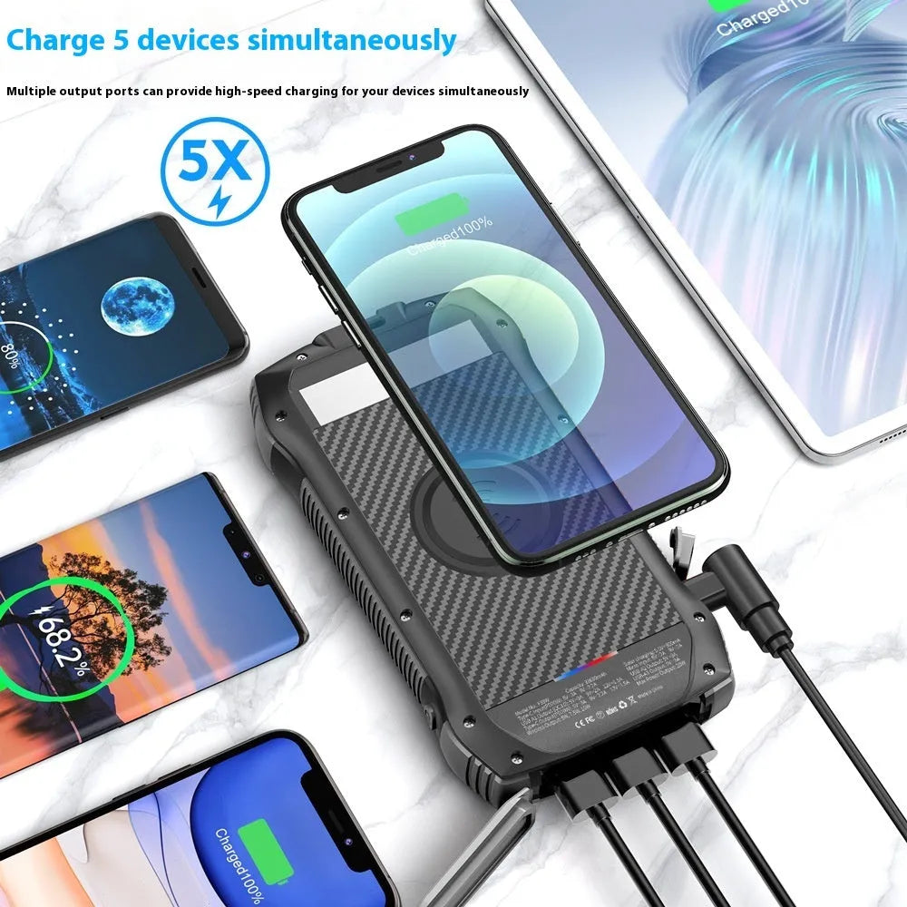 Portable solar power bank 33500mAh in all black with LED light, 178x90x30mm plastic shell