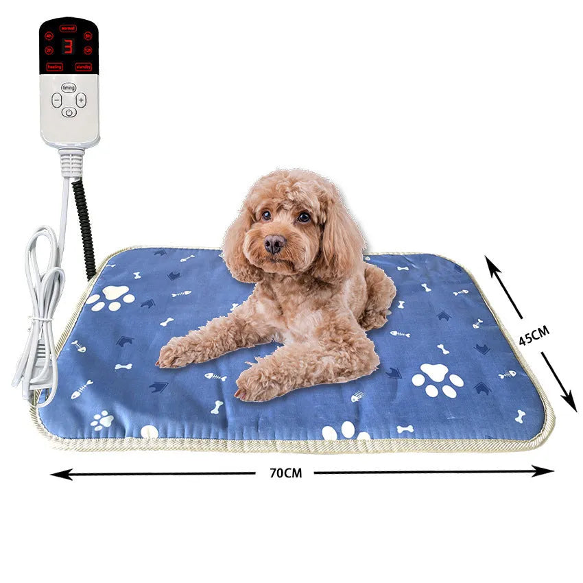 Electric warming pad for dogs and cats with waterproof leather surface, US standard plug, and grey cloth cover in 45x45cm or 45x70cm