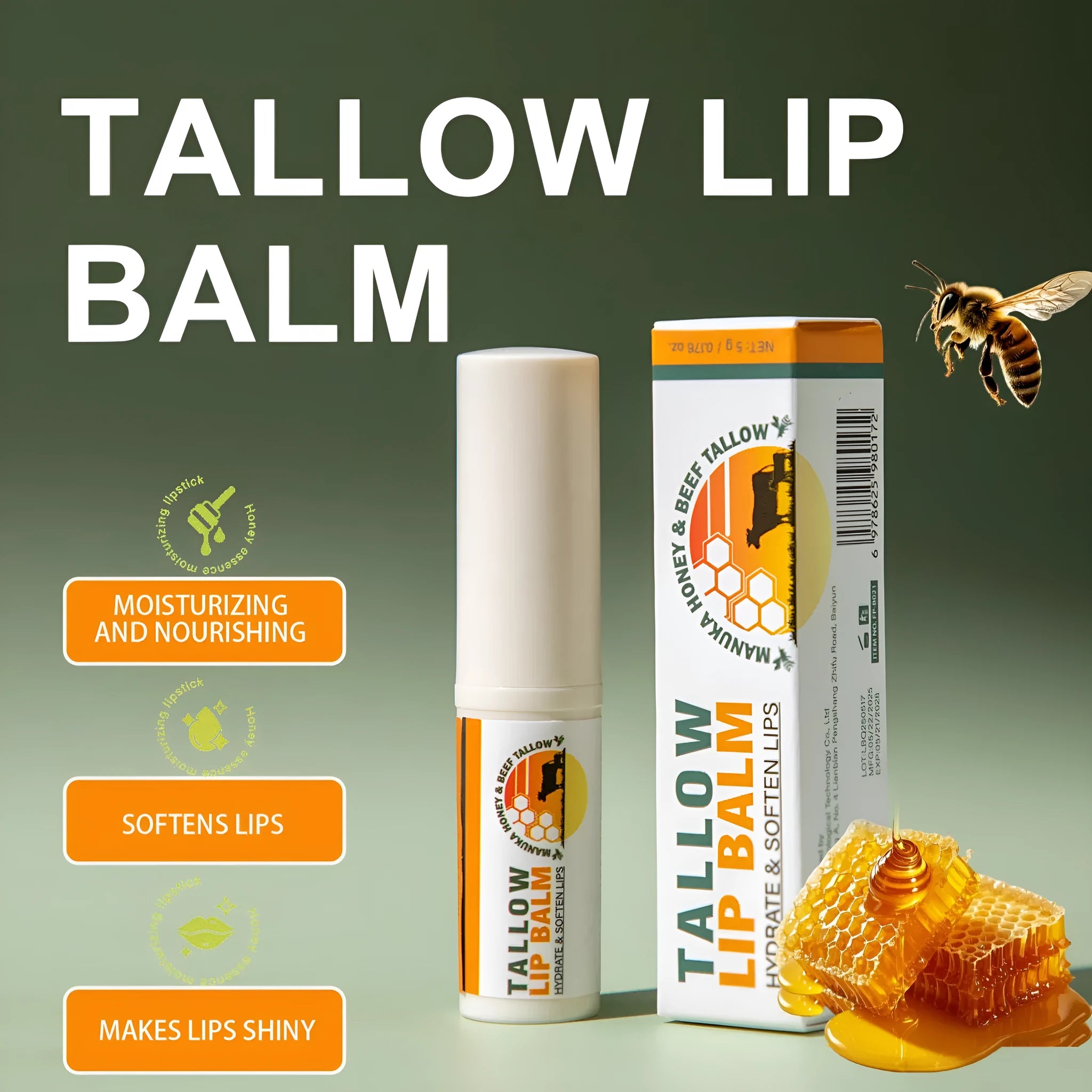 Tallow lip balm stick in cylindrical case with 5g bovine tallow formula