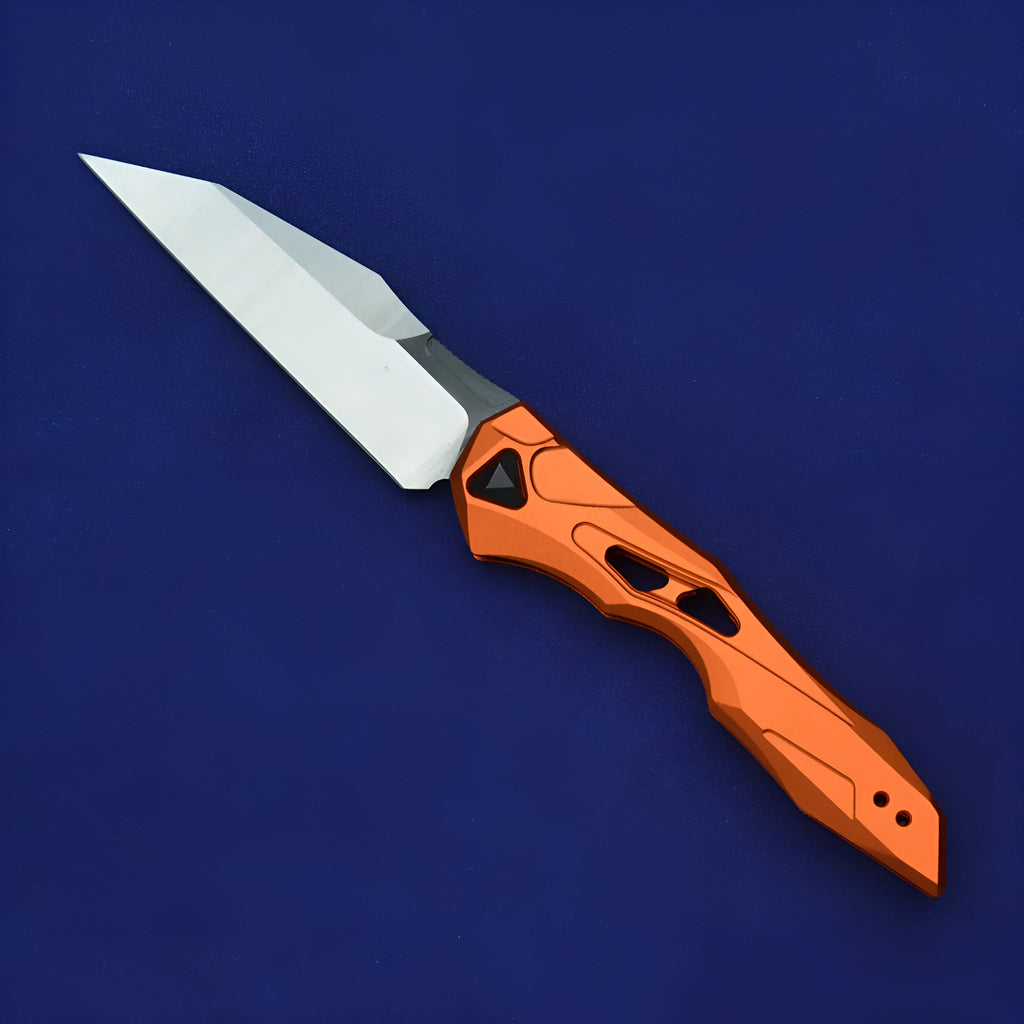 Black folding fruit knife with D2 steel blade and aluminium handle, shown open with measurements.