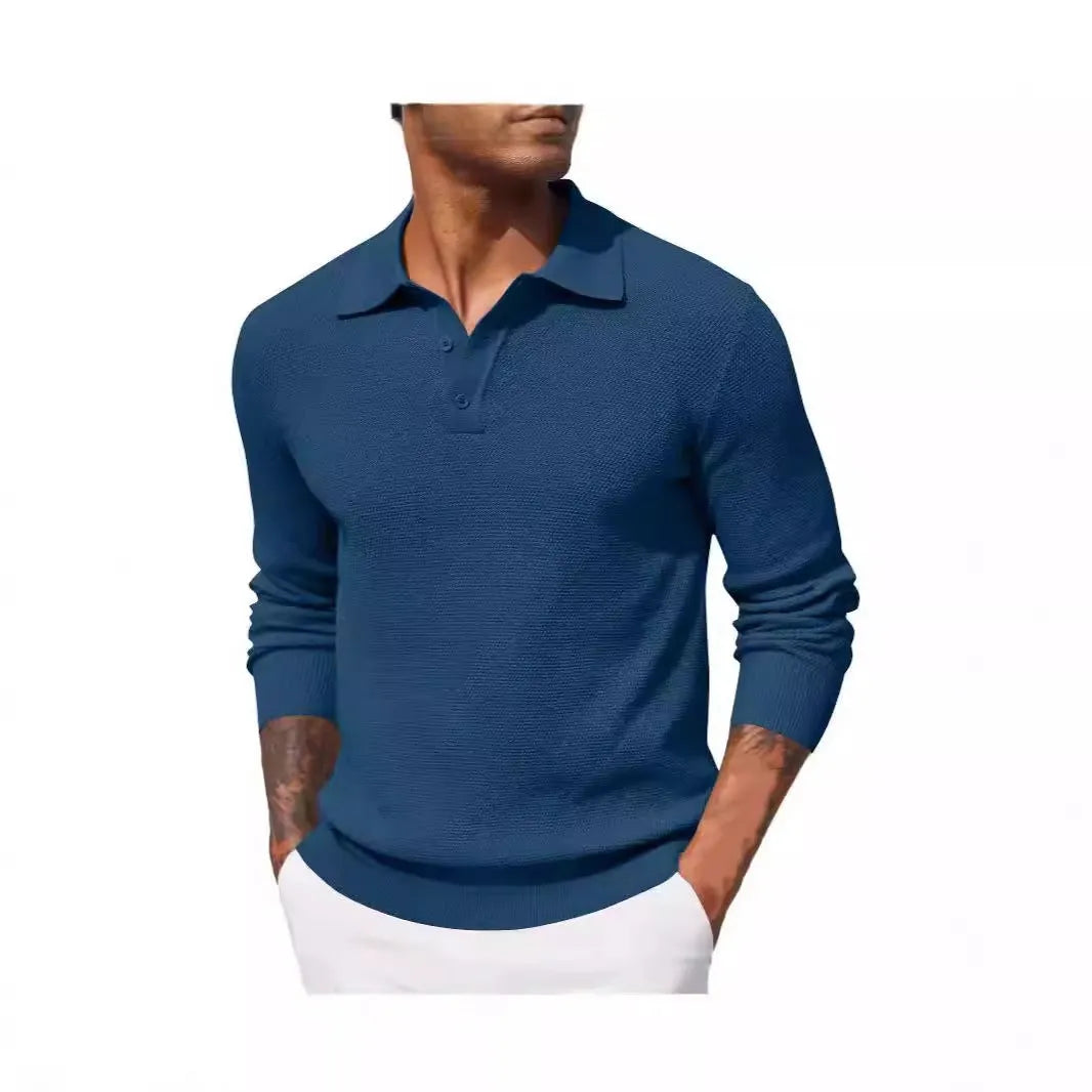 Men's solid colour long-sleeved polyester top in wine red, casual style, autumn wear