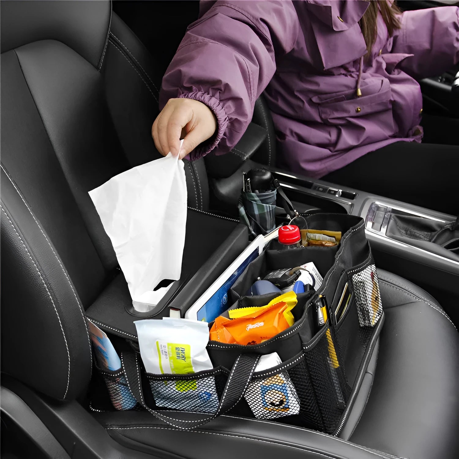 Black oxford cloth car trunk storage box with carry handle, 33cm dimensions