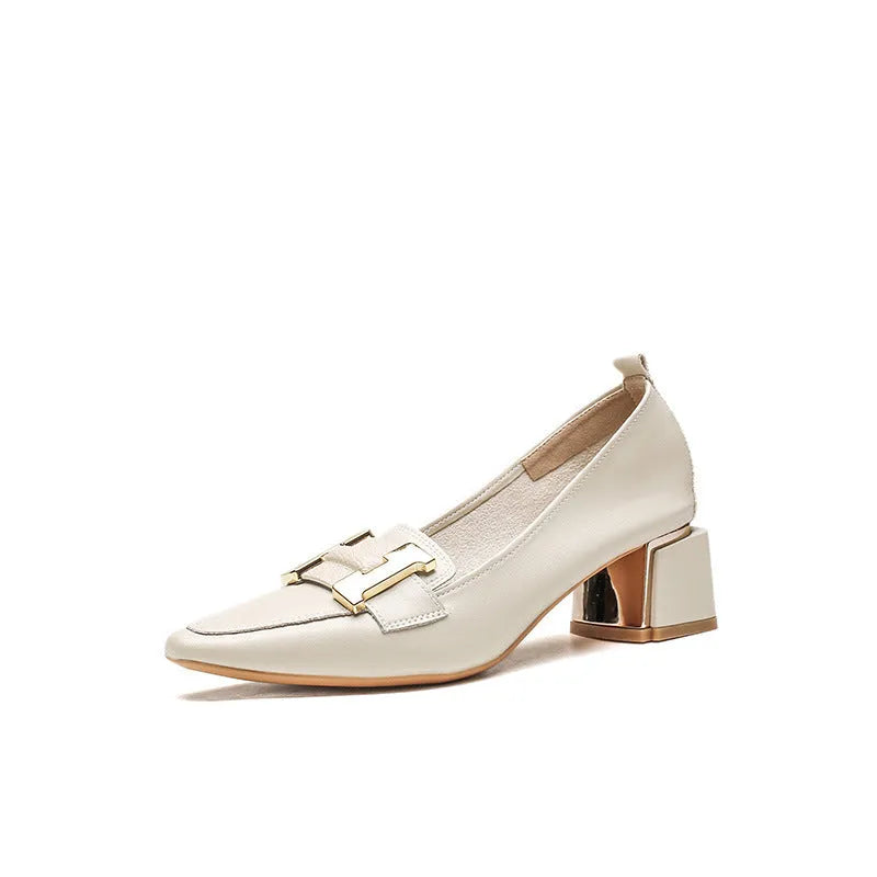 Chunky heel commuter shoes in black, khaki or beige with low top cut, block heel, microfiber upper and rubber sole, sizes 34-40