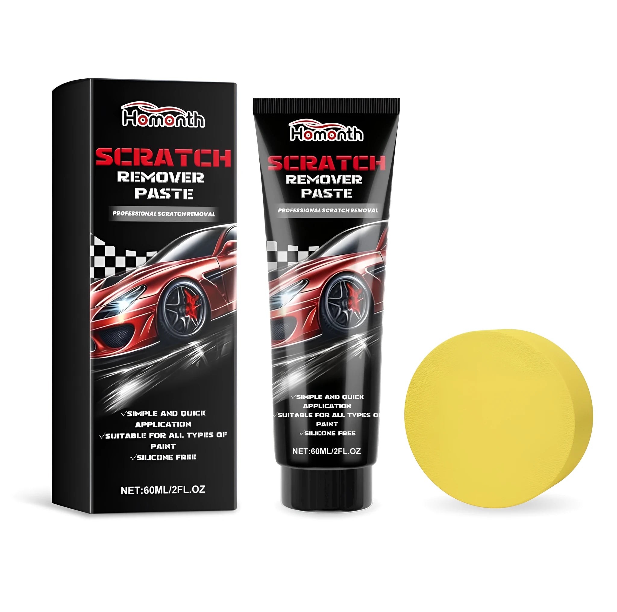 Scratch remover paste bottle and sponge applicator for car and furniture repair