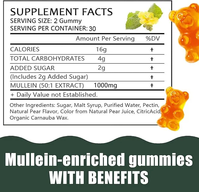 Bottle of 60 mullein gummy supplements with pear flavour, light golden colour, vegan pectin base