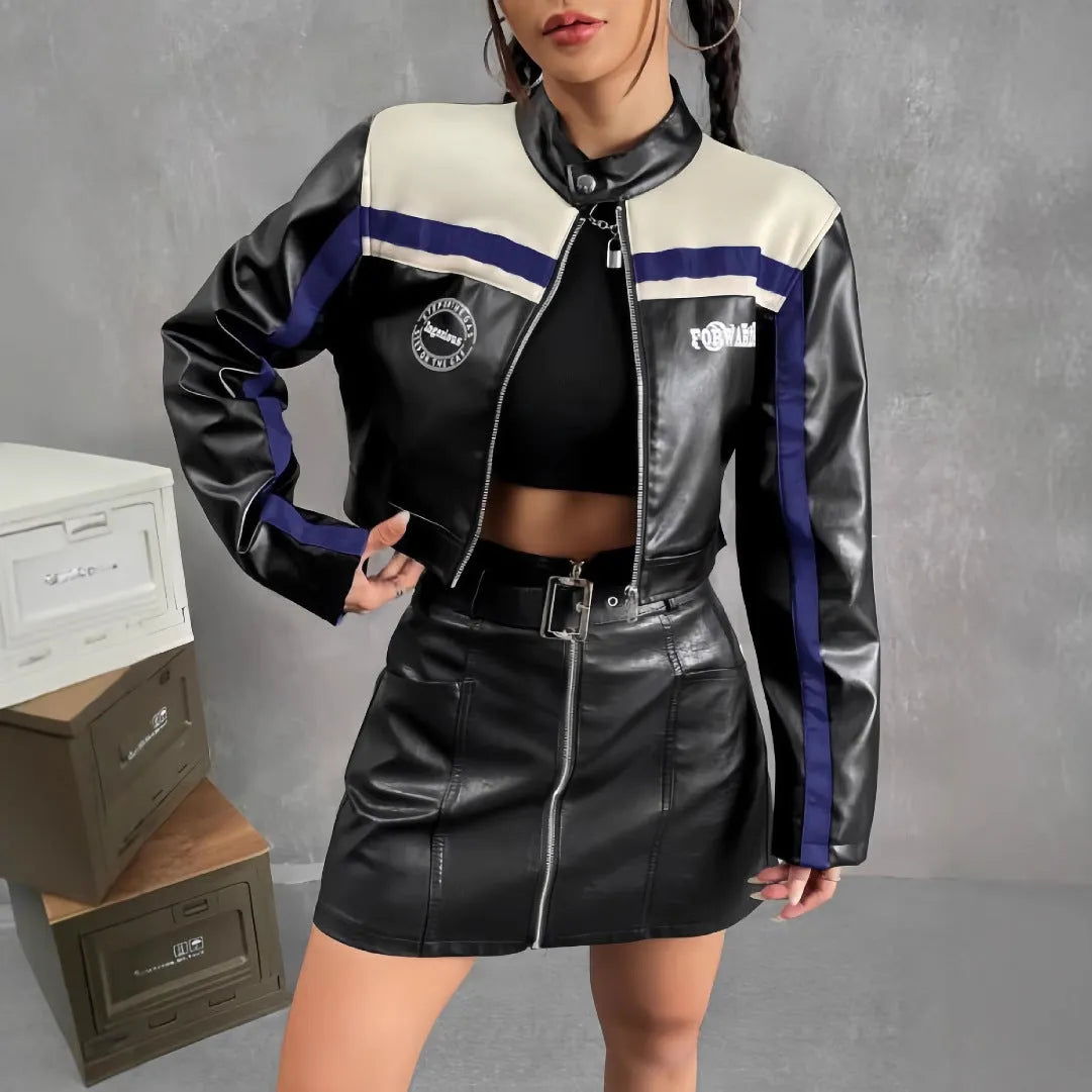 Women's striped zipper coat short street style long sleeve jacket black red colour