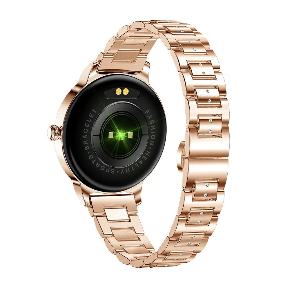 AK38 ladies smartwatch with stainless steel band on a wrist, showing its colour screen display.