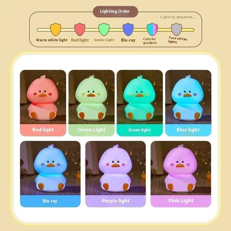 Happy Duck night lamp, USB rechargeable, seven colour light, 9.5cm x 9.5cm x 13.1cm cartoon bedside lamp