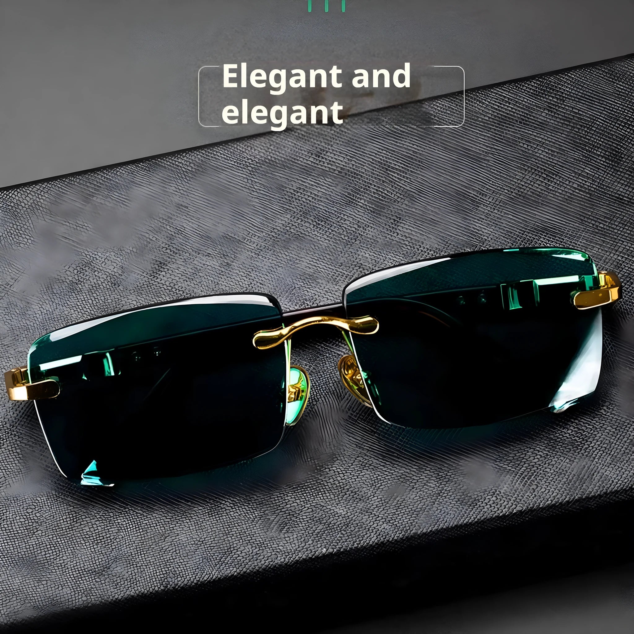 A pair of frameless sunglasses with dark green crystal lenses, shown with a hard protective case and a microfibre cleaning cloth.