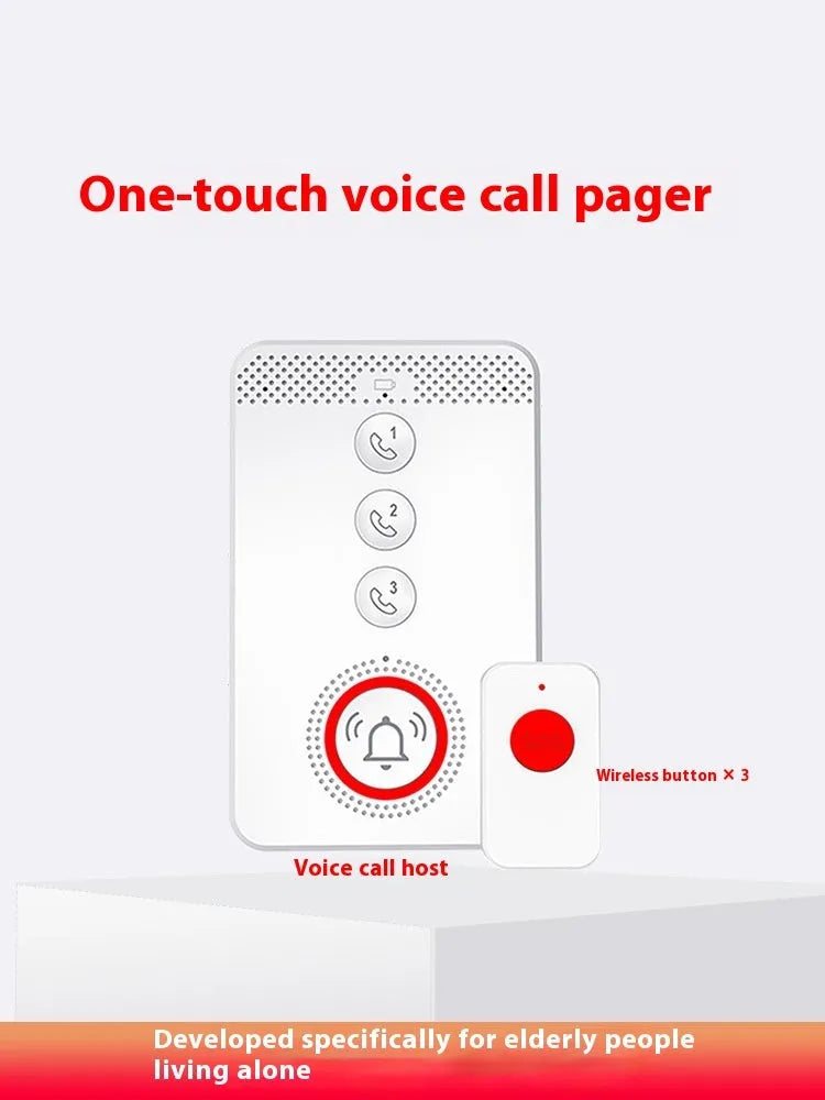 White central buzzer unit and three white emergency call buttons for a one-click elderly alert system.