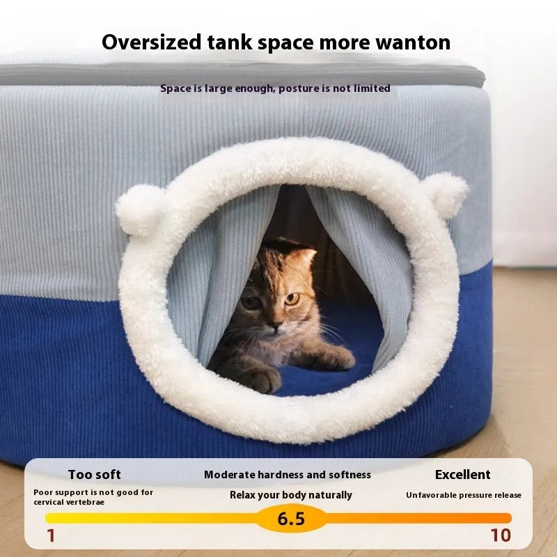 Closed plush cloth cat nest in dark coffee colour with entrance opening, suitable for indoor cats up to 9kg